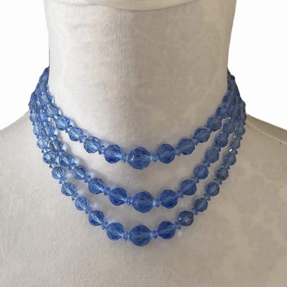 Vintage Blue Crystal Beaded Necklace | Multi Strand Faceted Glass Statement - Picture 3 of 5